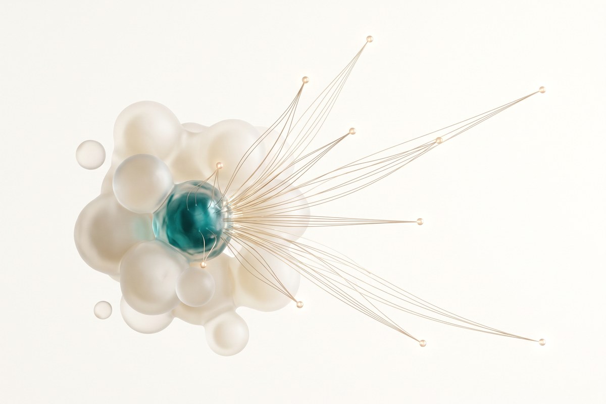 Abstract illustration of a cell cluster with one cell highlighted